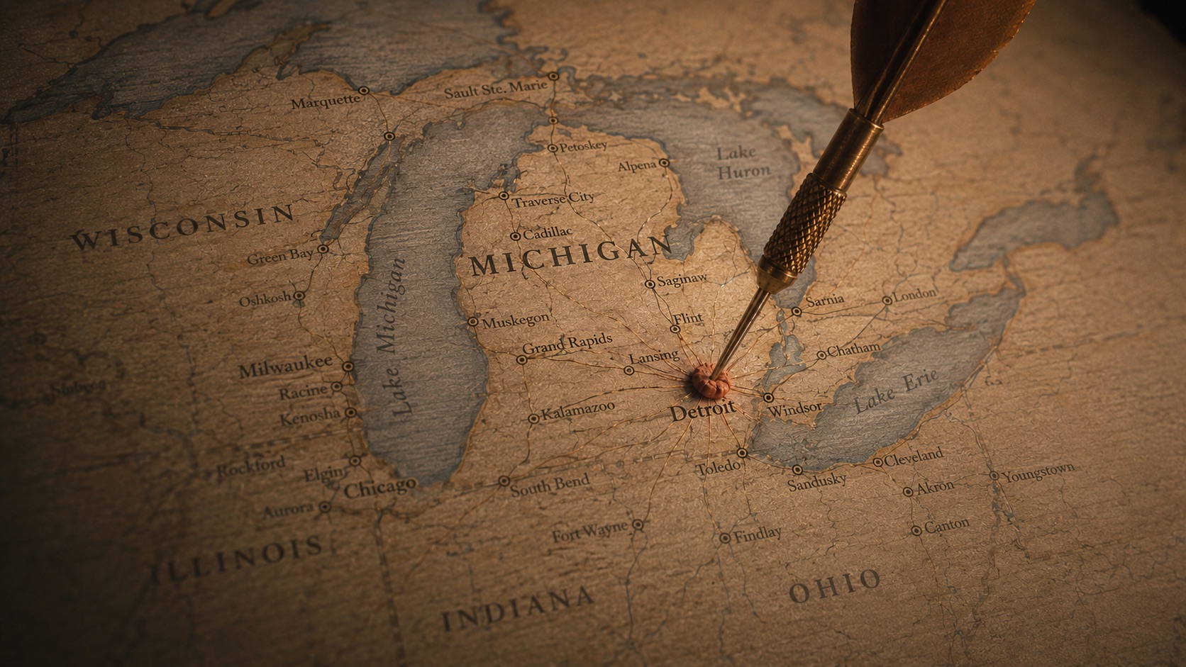 Vintage map of Michigan with a dart landing on Detroit